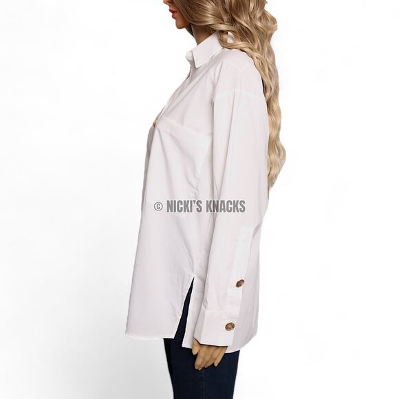 Magaschoni White Oversized Gold Button Shirt Blouse Relaxed Fit Cotton XS NWT - Picture 5 of 12